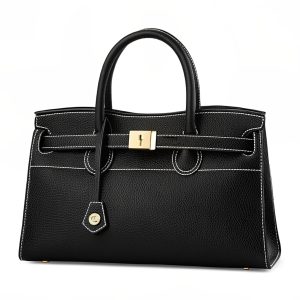 Black Grained Leather Tote Bag with Gold Hardware