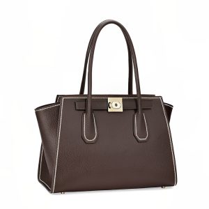 Large Structured Tote Bag in Grained Cowhide with Light Gold Hardware