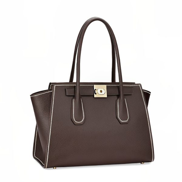 Large Structured Tote Bag in Grained Cowhide with Light Gold Hardware